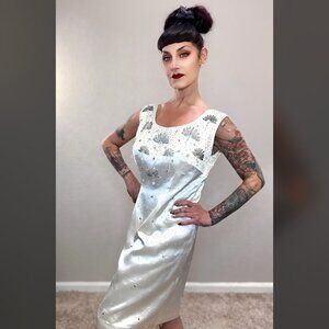60s White Satin Rhinestone Sheath Dress Mod MCM Formal Pinup Rockabilly M L